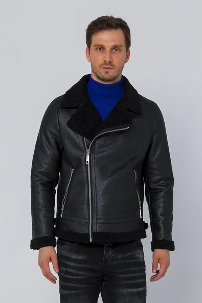 Erkek Regular Fit İçi Yünlü Fermuar Detaylı Deri İşçilikli Klasik Napa Deri Mont - 2