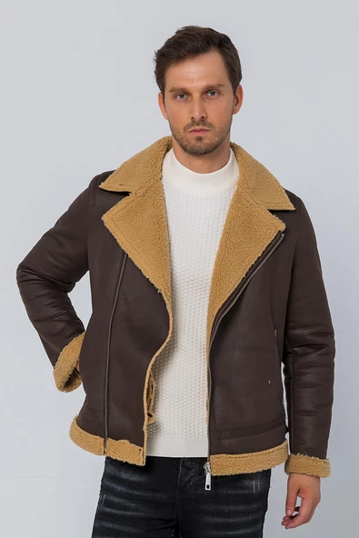 Erkek Regular Fit İçi Yünlü Fermuar Detaylı Deri İşçilikli Klasik Napa Deri Mont - 11