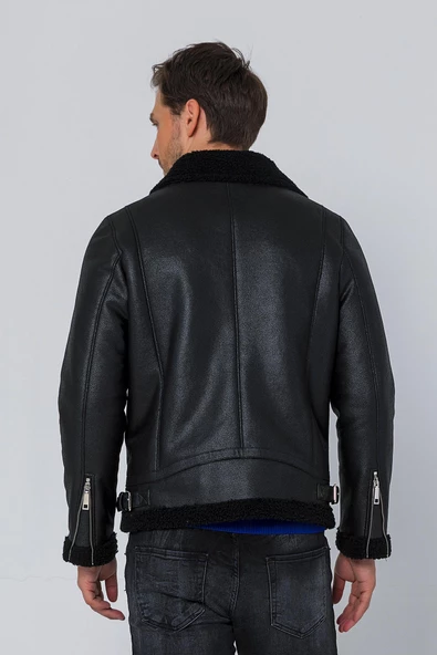 Erkek Regular Fit İçi Yünlü Fermuar Detaylı Deri İşçilikli Klasik Napa Deri Mont - 5