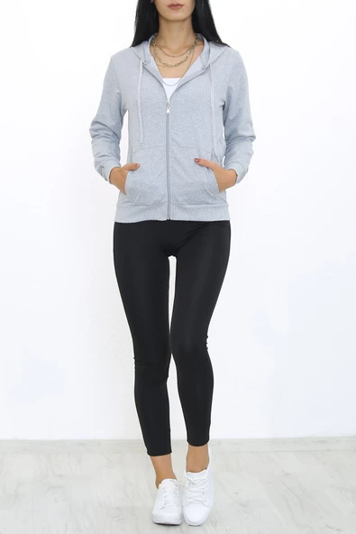 Kapşonlu Fermuarlı Sweat Gri - 3001.275. - 3