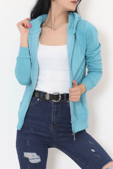 İç Tüylü Kapşonlu Fermuarlı Sweat Petrol - 11866.108. - 8