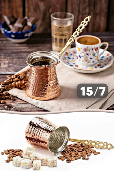 El Yapımı Bakır Cezve Saplı Orta Boy 2 Fincanlık El Dövmesi 15/7