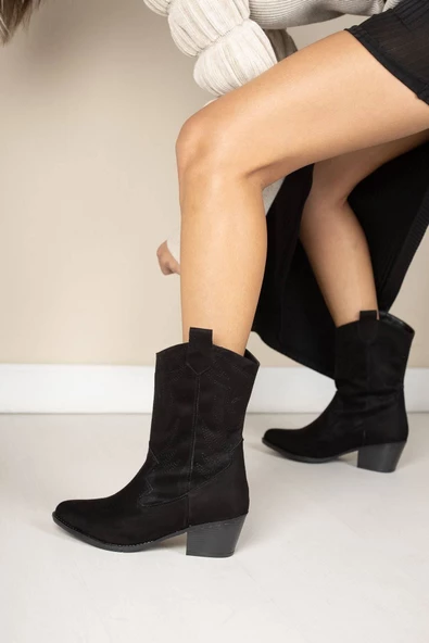 Nadal Siyah Süet İşlemeli Topuklu Kadın Kovboy Çizme - Resim 3