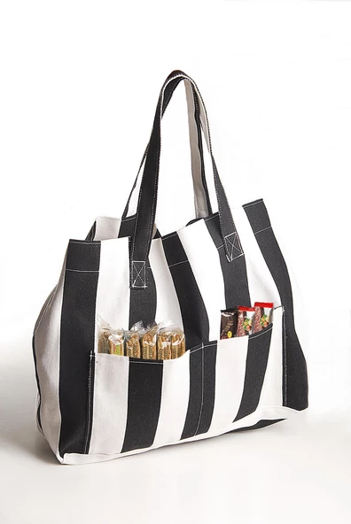 Kadın Kanvas 2 Cepli Günlük Renkli Plaj Omuz Çantası Siyah - 4