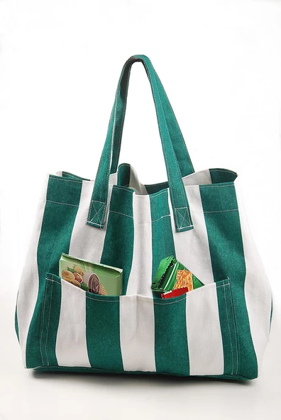 Kadın Kanvas 2 Cepli Günlük Renkli Plaj Omuz Çantası Yeşil - 4