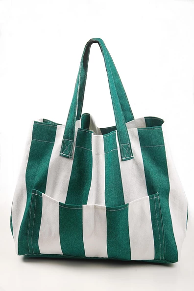 Kadın Kanvas 2 Cepli Günlük Renkli Plaj Omuz Çantası Yeşil - 5