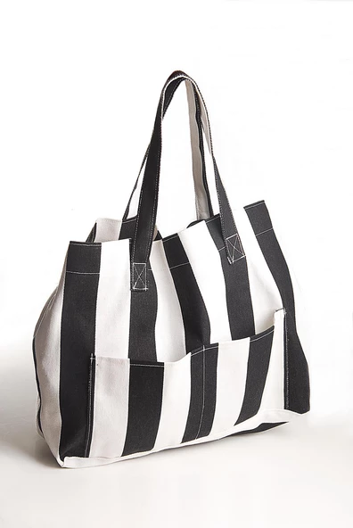 Kadın Kanvas 2 Cepli Günlük Renkli Plaj Omuz Çantası Siyah - 5