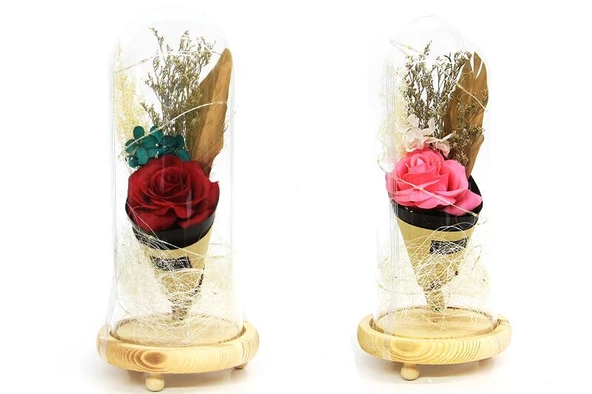 Fanus Gül 28/12cm Cam Fanus Led Işıklı Hediyelik - Resim 4