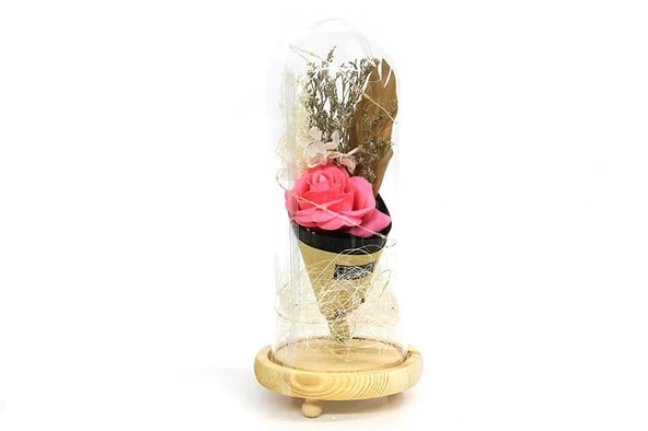 Fanus Gül 28/12cm Cam Fanus Led Işıklı Hediyelik