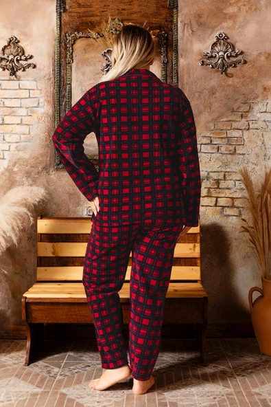 Nisanca Büyük Beden Kışlık Düğmeli Gömlek Pijama Takımı - 7