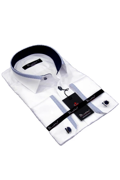 Micro Kumaş Kol Düğmeli Slim Fit Beyaz Erkek Gömlek - 200-3 Lacivert Kombinli