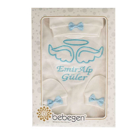 İsme Özel Mavi Nakışlı Bereli Eldivenli Erkek Bebek Tulum - 3