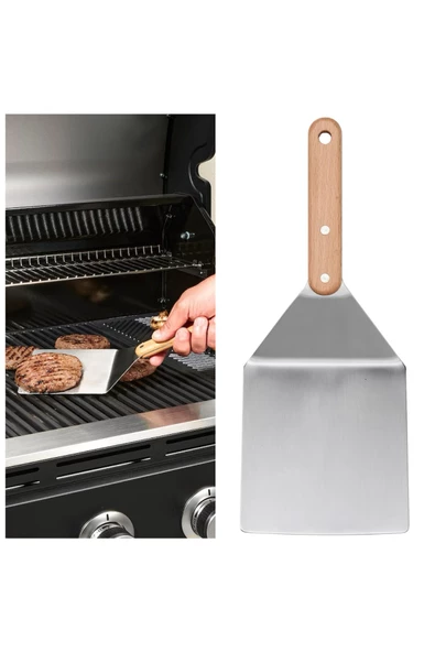 GRILLTIDER 30 Cm Paslanmaz Çelik Izgara Hamburger Spatulası Ahşap Barbekü Mangal Spatulası