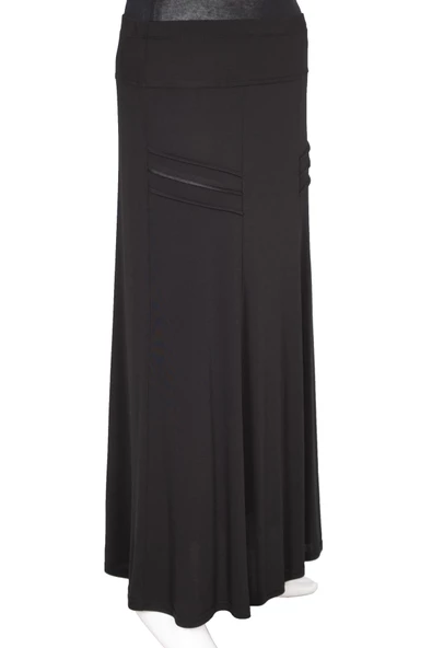 Hesna Kadın Hazan Krep Yanı Biyeli Astarlı Lastikli Siyah Etek - Resim 3