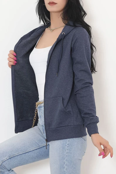 İç Tüylü Kapşonlu Fermuarlı Sweat Koyuindigo - 11866.108. - 5