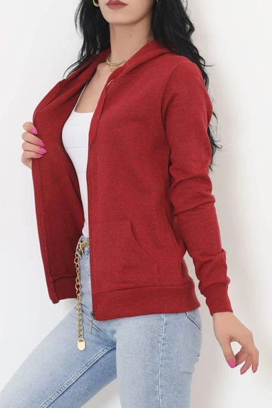 İç Tüylü Kapşonlu Fermuarlı Sweat Bordo - 11866.108. - 6