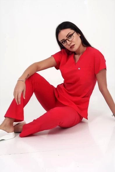 Deniz İş Kadın Linda Yarasakol Nar Çiçeği Renk Scrubs Takım - 2