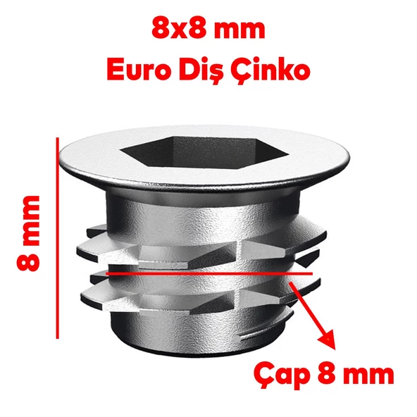 Mobilya Bağlantı Eleman Eki Euro Diş 6 Köşe Vida Metal Dübel 8x8 M6 Çinko (50 ADET) - 2