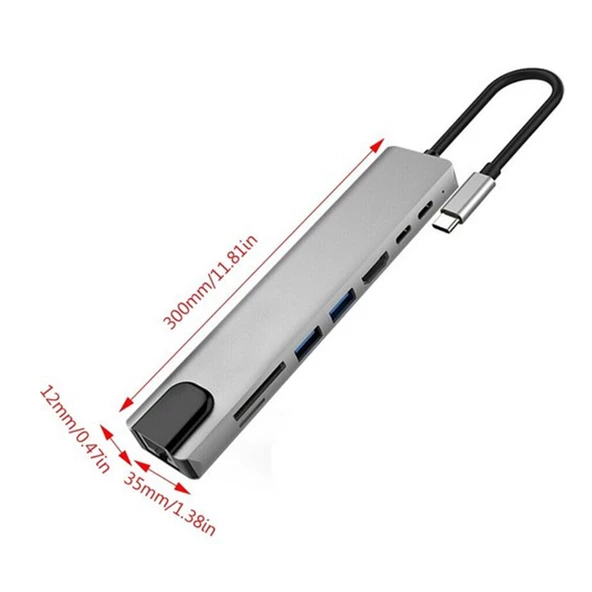 8 in 1 Type-C USB 3.0 Hub HDMI Ethernet Mikro SDTF OTG Adaptörü - 4