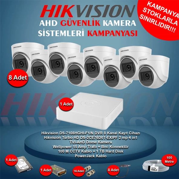 Hikvision AHD 8 Adet 2 Mp Dome Güvenlik Kamera Seti