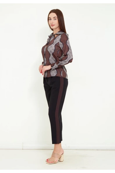 Modatalika Kadın Desenli Gömlek Yanları Şerit Detaylı Pantolon Şık İkili Takım - 2