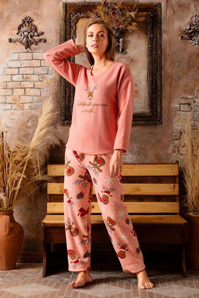 Nisanca Kışlık Kadın Welsoft Polar Pijama Takımı - Yeni Yıl Pijaması - 6