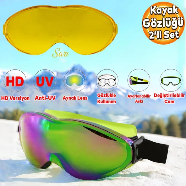 Bellasimo Kayak Gözlüğü Değiştirebilir Camlı Antifog Güneş Kar Gözlük Gökkuşağı Snowboard Glasses Gözlük+1 Adet Yedek Cam (Sarı)