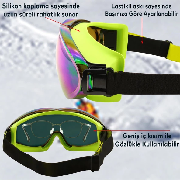 Bellasimo Kayak Gözlüğü Değiştirebilir Camlı Antifog Güneş Kar Gözlük Gökkuşağı Snowboard Glasses Gözlük+1 Adet Yedek Cam (Sarı) - 2