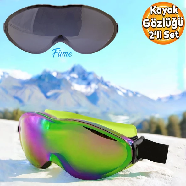 Bellasimo Kayak Gözlüğü Değiştirebilir Camlı Antifog Güneş Kar Gözlük Gökkuşağı Snowboard Glasses Gözlük+1 Adet Yedek Cam (Füme)