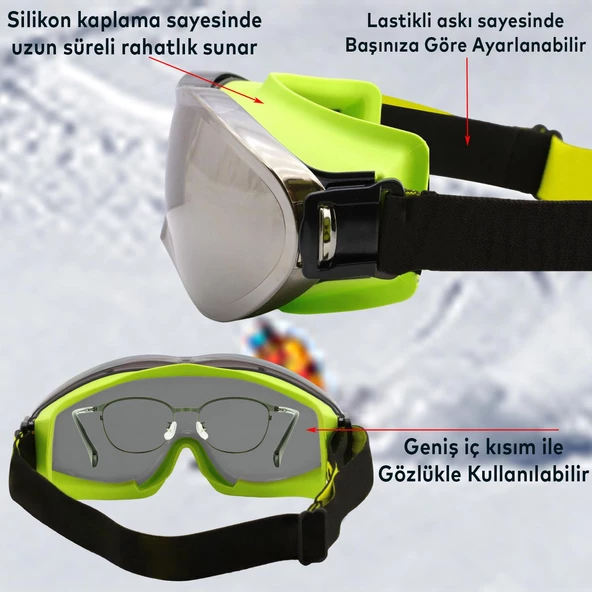 Bellasimo Kayak Gözlüğü Değiştirebilir Camlı Antifog Güneş Kar Gözlük Gökkuşağı Snowboard Glasses Gözlük+1 Adet Yedek Cam (Gümüş) - 2