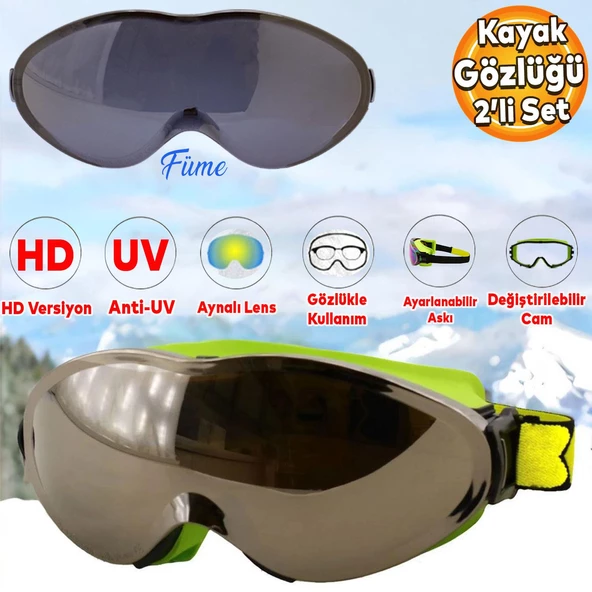 Bellasimo Kayak Gözlüğü Değiştirebilir Camlı Antifog Güneş Kar Gözlük Gümüş Snowboard Glasses Gözlük+1 Adet Yedek Cam (Füme)