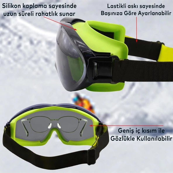 Bellasimo Kayak Gözlüğü Değiştirebilir Camlı Antifog Güneş Kar Gözlük Gümüş Snowboard Glasses Gözlük+1 Adet Yedek Cam (Füme) - 2