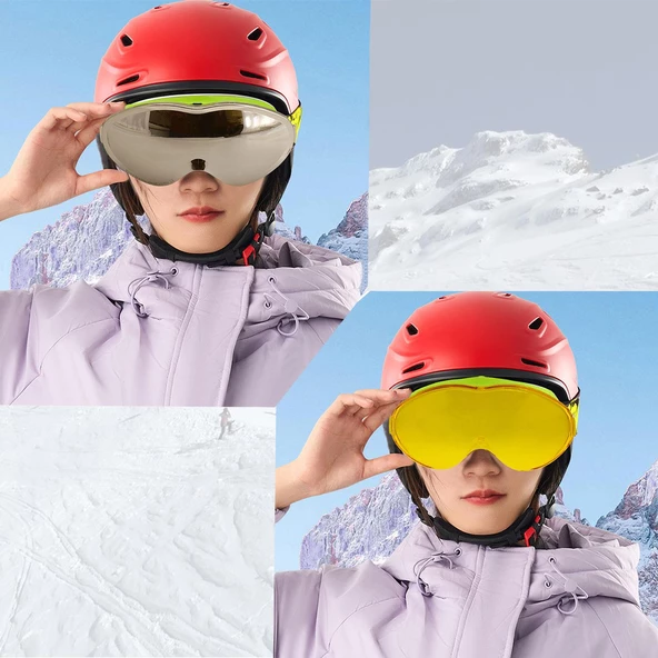 Bellasimo Kayak Gözlüğü Değiştirebilir Camlı Antifog Güneş Kar Gözlük Gümüş Snowboard Glasses Gözlük+1 Adet Yedek Cam (Sarı) - 4