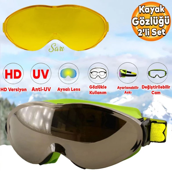 Bellasimo Kayak Gözlüğü Değiştirebilir Camlı Antifog Güneş Kar Gözlük Gümüş Snowboard Glasses Gözlük+1 Adet Yedek Cam (Sarı)