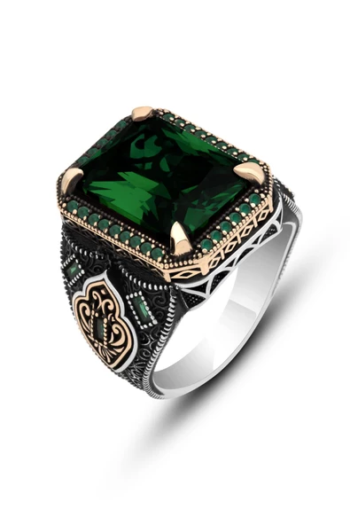 Dikdörtgen Yeşil Taşlı 925 Gümüş Erkek Yüzük - Resim 2