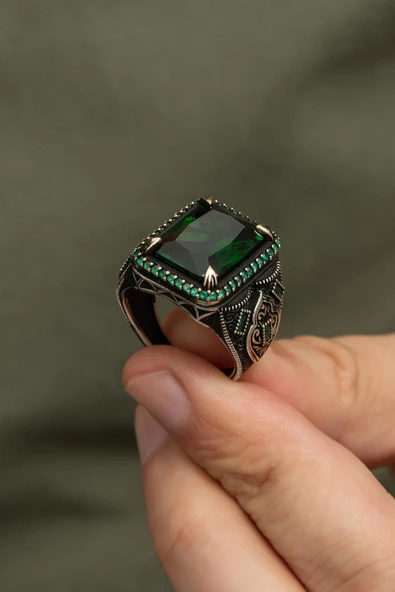 Dikdörtgen Yeşil Taşlı 925 Gümüş Erkek Yüzük - Resim 4