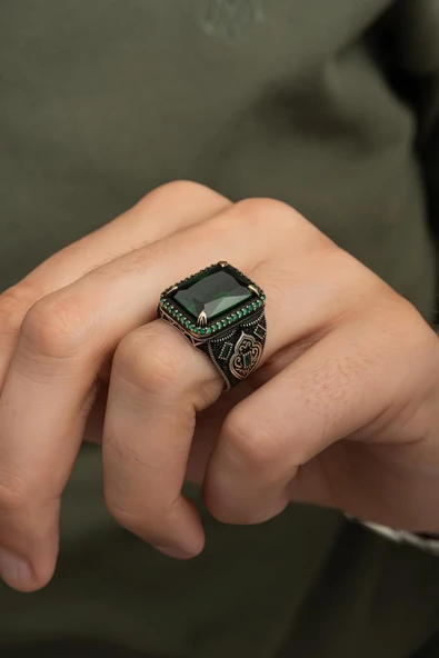 Dikdörtgen Yeşil Taşlı 925 Gümüş Erkek Yüzük - Resim 3