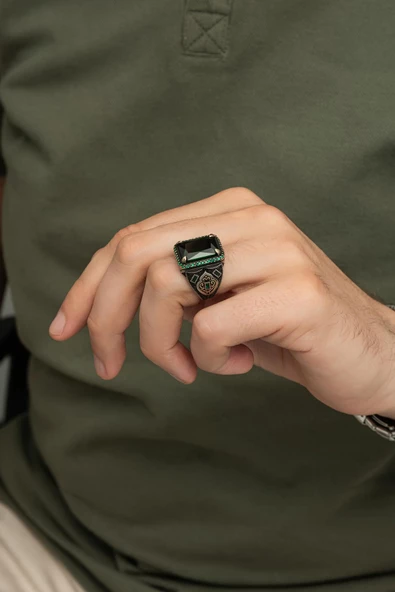 Dikdörtgen Yeşil Taşlı 925 Gümüş Erkek Yüzük - Resim 7