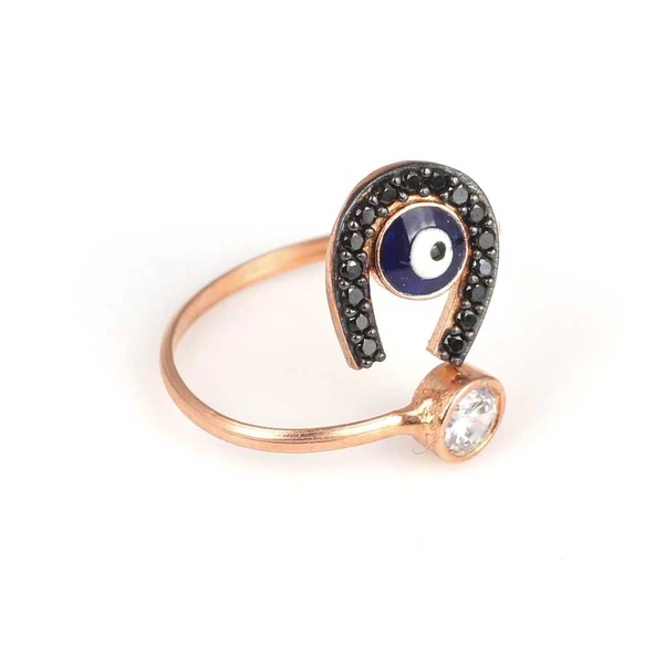 925 Ayar Gümüş Nazar Boncuklu At Nalı Yüzük - Resim 3