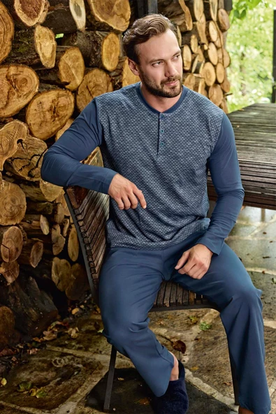 Aydoğan Erkek Tekin Jakarlı Kışlık indigo Pijama Takım 3390