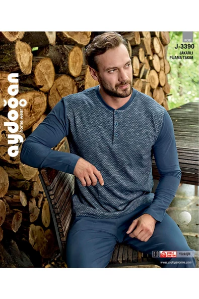 Aydoğan Erkek Tekin Jakarlı Kışlık indigo Pijama Takım 3390 - 2