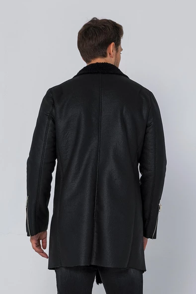 Erkek Regular Fit İçi Yünlü Fermuar Detaylı Deri İşçilikli Klasik Napa Deri Mont - 5