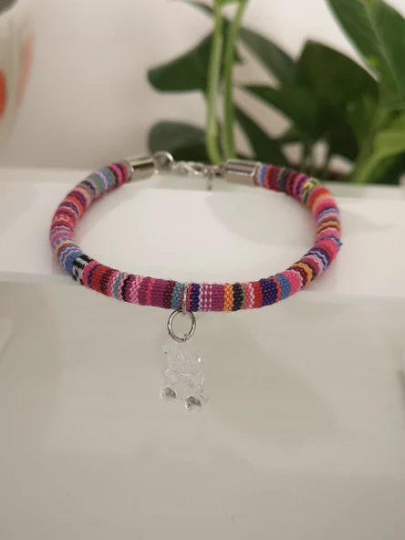 Kedi Köpek Boyun Tasması Bohem Kedi Kolyesi Renkli Jelibon Ayıcık - Pembe - 4