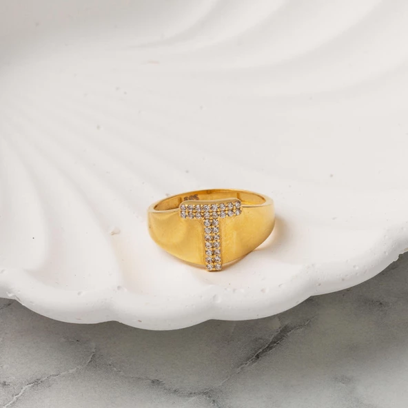 14 Ayar T Harf Altın Yüzük - Resim 3