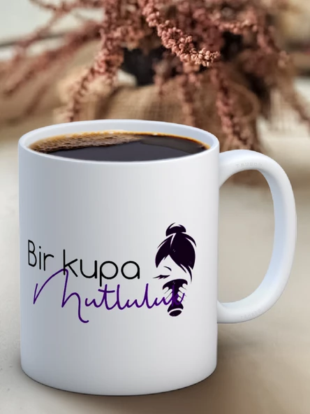 Baskılı Kupa Bardak Seramik Mug - Bir Kupa Mutluluk