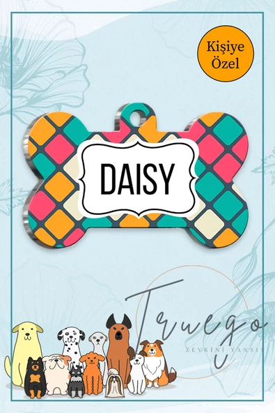 Renkli Kareler Kedi Köpek Künyesi Kemik Şekilli