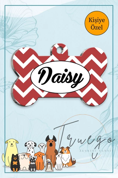 Kırmızı Beyaz Kalın Çizgi Kedi Köpek Künyesi Kemik Şekilli