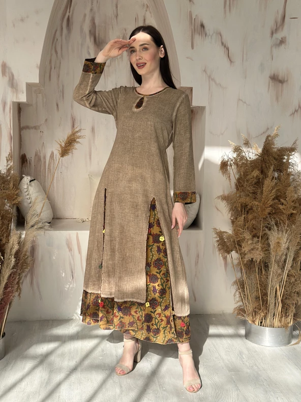 KADIN YAZLIK PAMUKLU ASTARLI TESETTÜR ELBİSE CAMEL - BUTİK ESRA KANDEMİR 92043 - Resim 5