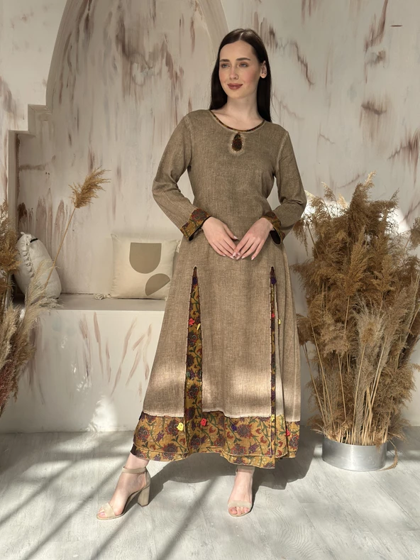 KADIN YAZLIK PAMUKLU ASTARLI TESETTÜR ELBİSE CAMEL - BUTİK ESRA KANDEMİR 92043 - Resim 2