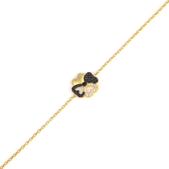 925 Ayar Gümüş Yonca Kalp Bileklik Beyaz - Beyaz Siyah Taş - Resim 4